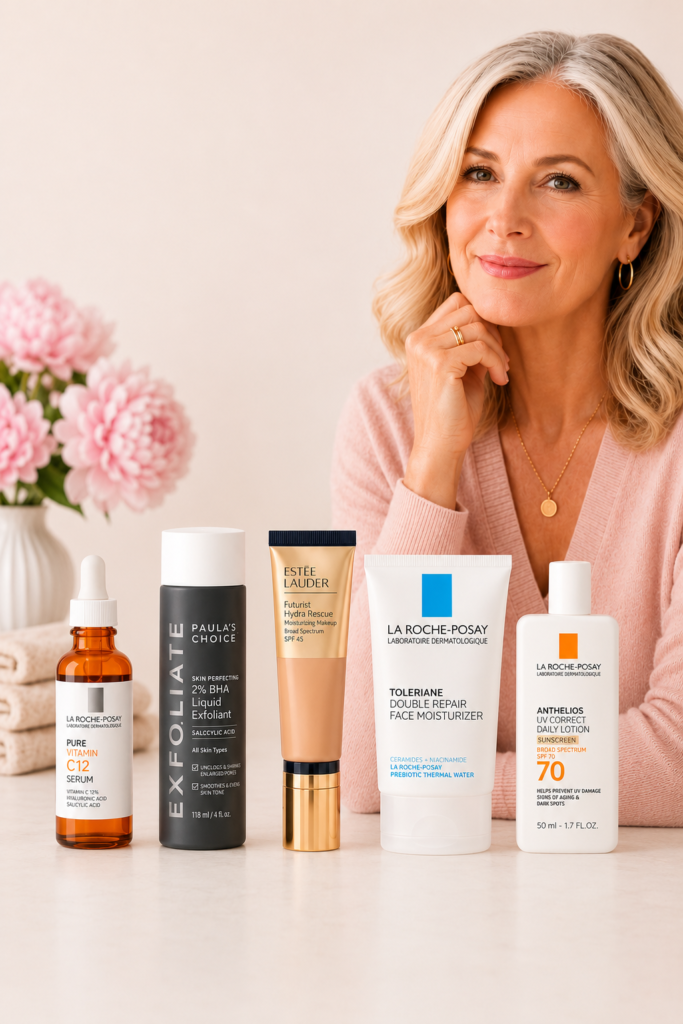 Beauty infographic featuring a confident mature woman and five skincare products that help brighten mature skin, including Vitamin C serum, exfoliant, foundation, moisturizer, and sunscreen. Beauty tips for women over 55 seeking healthy, radiant skin.