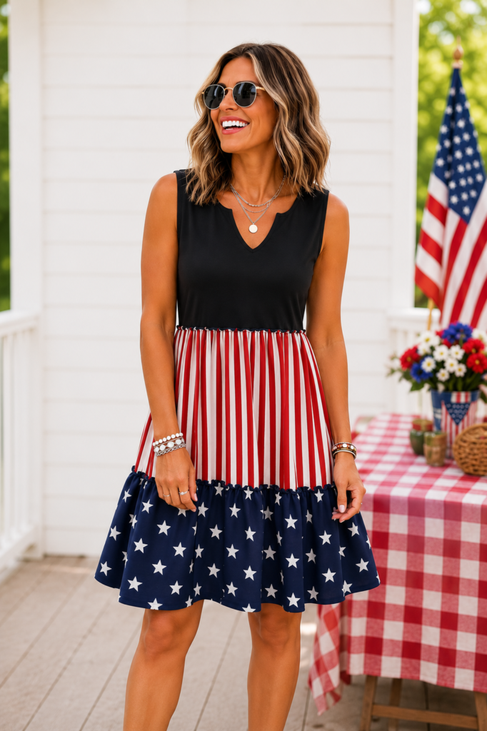 Smiling woman over 50 wearing a patriotic sleeveless dress with red and white stripes, navy blue stars, and a ruffle hem. Perfect summer outfit for Fourth of July celebrations, barbecues, parades, and holiday gatherings.