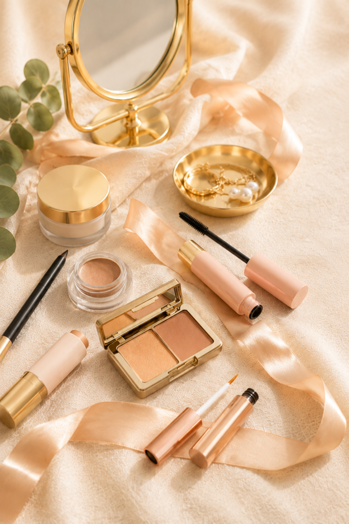 Elegant Pinterest graphic featuring six eye makeup essentials for women over 50 arranged on a cream linen background with gold accents, including brow gel, lash serum, cream shadow stick, eyeliner, tubing mascara, and a lighted magnifying mirror.