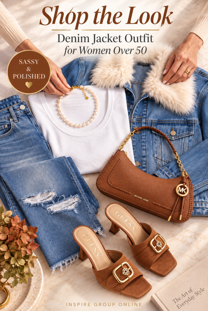 Flat lay of the complete Michael Kors denim jacket outfit for women over 50: fur-collar denim jacket, white scoop-neck tee, ripped capri jeans, baroque pearl choker, cognac leather bag, all arranged on a light neutral surface