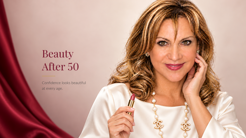 Susan Posada smiling with one hand near her face, holding a gold lipstick, in an ivory silk top and pearl necklace beside garnet silk